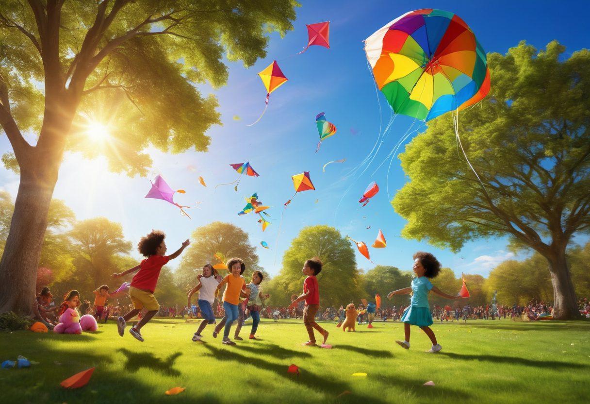 A whimsical scene featuring children of diverse backgrounds joyfully playing with various colorful toys in a sunlit park. The image should capture their laughter and enthusiasm, with vibrant kites soaring in the sky, stuffed animals scattered around, and a rainbow in the background. Emphasize the joy and creativity children experience through playtime. super-realistic. vibrant colors. soft focus.