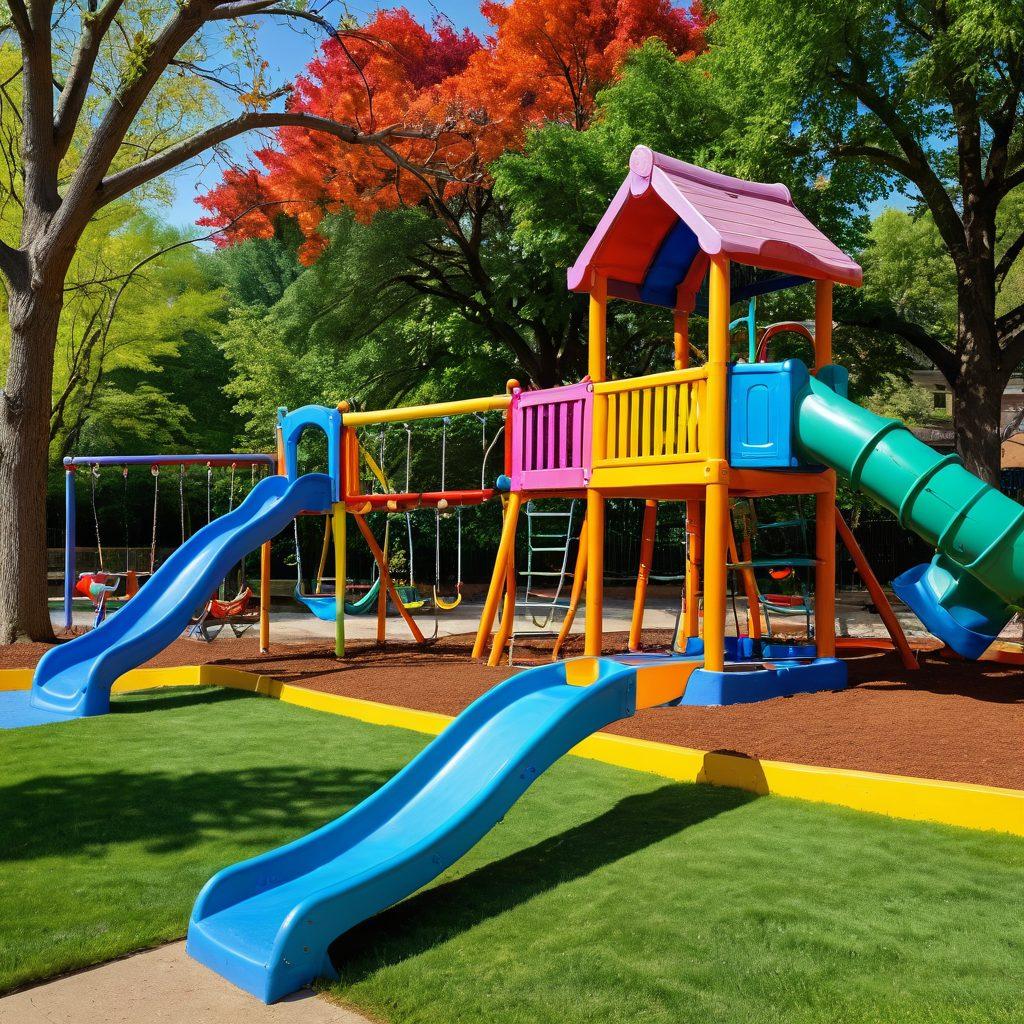 A vibrant, colorful playground filled with a variety of fun toys like swings, slides, and climbing structures, showcasing children of diverse backgrounds joyfully playing together. In the background, trees and flowers bloom, representing growth and development. The scene conveys a sense of imagination and happiness, capturing the essence of childhood creativity and teamwork. super-realistic. bright colors. cheerful atmosphere.