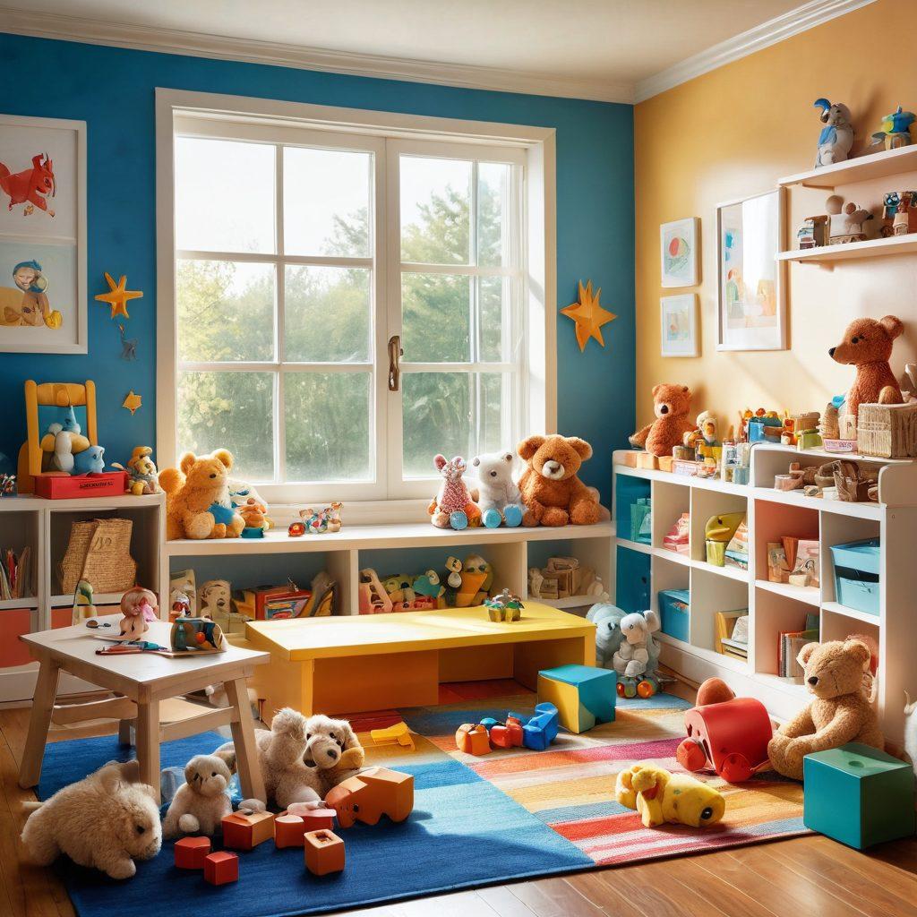 A vibrant and whimsical scene showcasing a variety of colorful and playful toys scattered across a sunny playroom. Include plush animals, building blocks, and art supplies, surrounded by cheerful children laughing and playing. Incorporate a warm and inviting atmosphere with bright sunlight streaming through a window. Emphasize joy and creativity with a dynamic and engaging composition. vibrant colors. cheerful illustration.